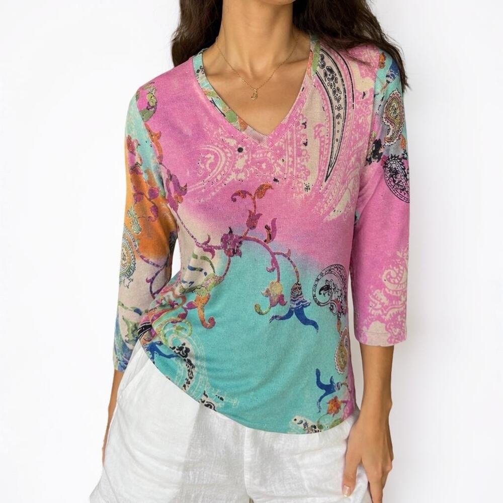 Y2K Pashma Silk Cashmere Paisley Print Knit Top XL